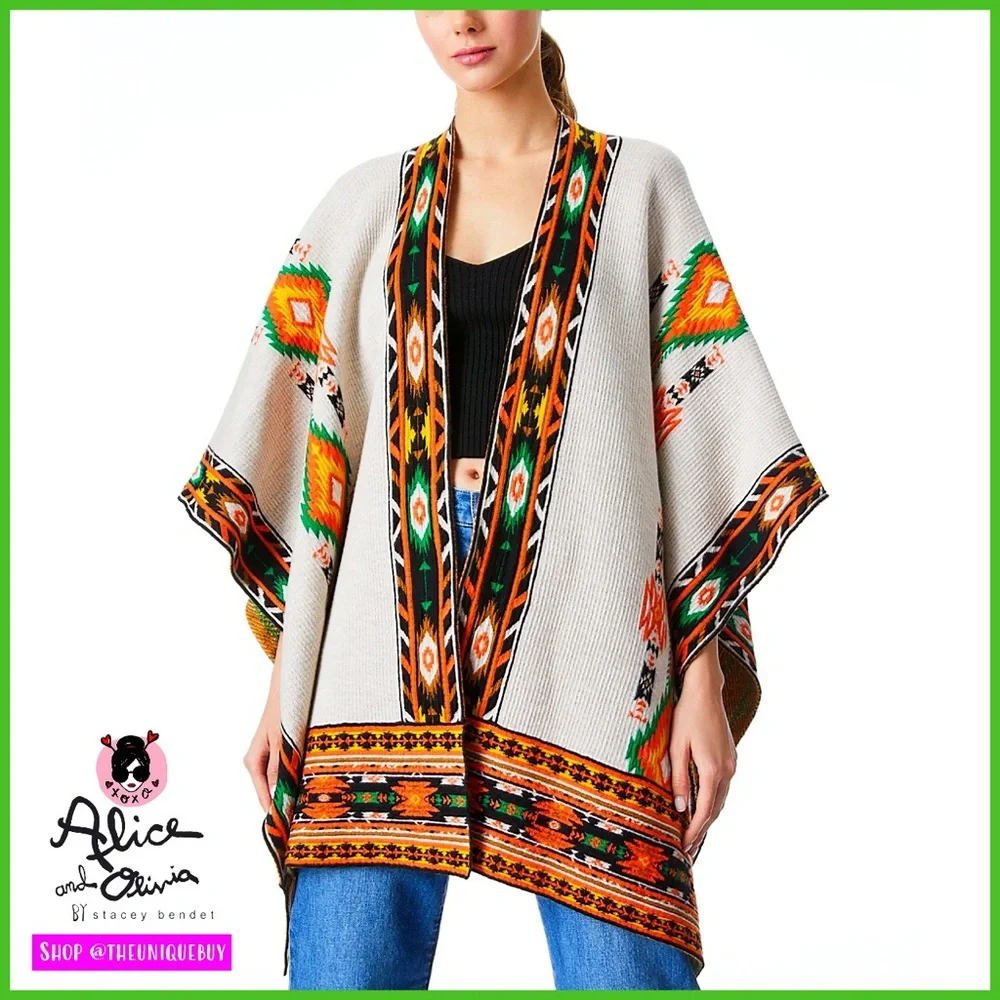 Alice + Olivia Kamala Boho Print Jacquard Poncho Sweater Shawl
